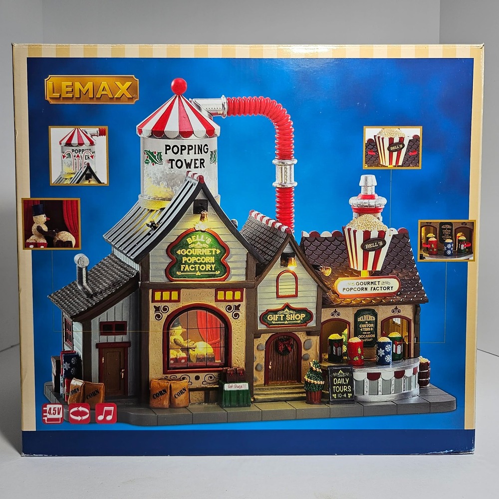 Lemax Sights & Sounds Bells Gourmet Popcorn Factory Animated Tested Works 35554